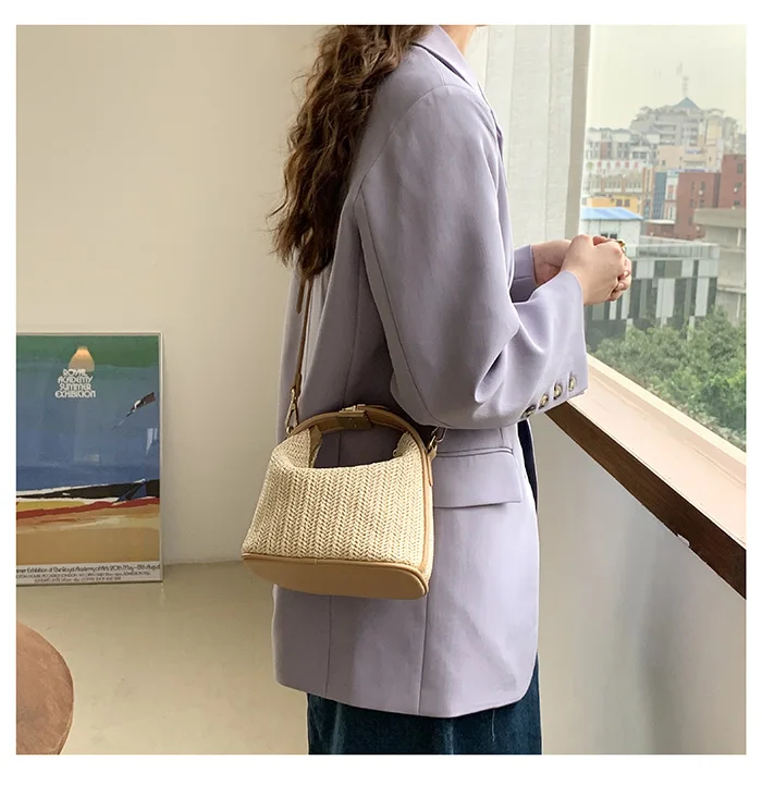 Borsa di paglia coreana per borse a tracolla da donna borse da spiaggia tessute bohémien piccole borse a tracolla femminili estive borse Casual Beige