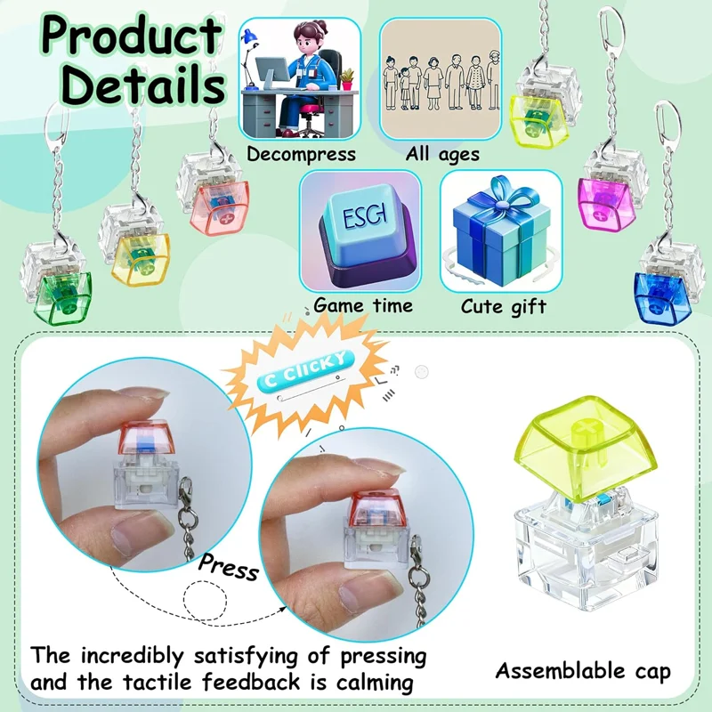 Light Up Mini Click Keyboard Keychain Ornament, Crisp Click Texture Pocket Pendant Decor, Portable Carry Accessory For Office Da