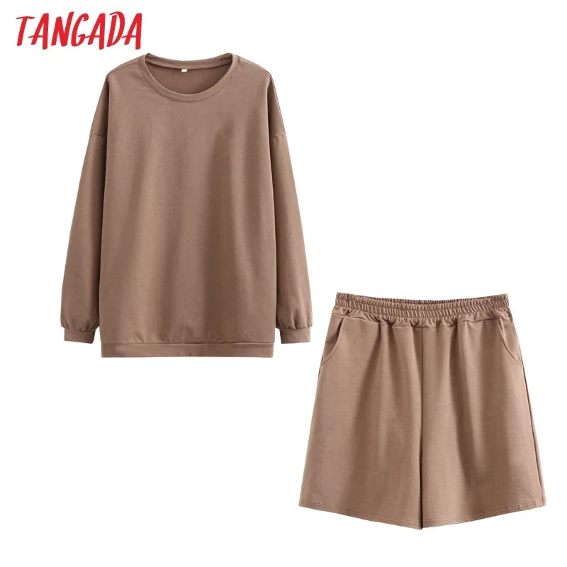 Tangada 2022 Summer Cotton Tracksuits Couple Solid Color Two Piece Set O-neck Sweatshirts and Shorts 6L30-1