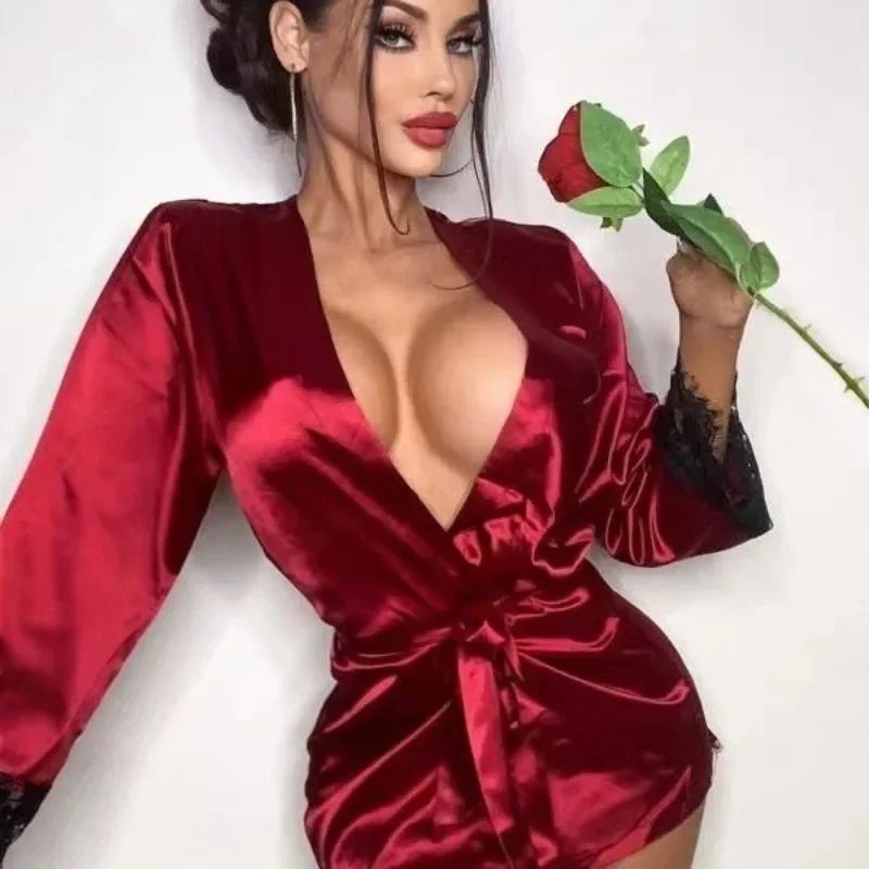 

Sexy Silk-like Pajamas Women Clothes Comfortable Robe Casual and Thin Home Wear Lace Pajamas Loose Cardigan with Tie Bathrobe