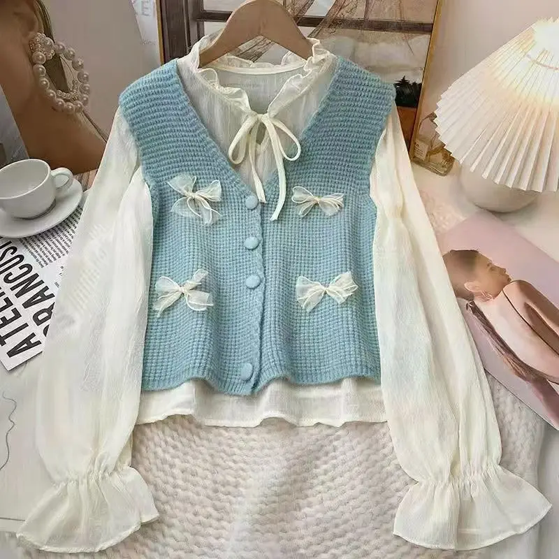 Autumn New Sweet Bow Solid Color V-neck Sleeveless Sweater Vest Female All-match Young Style Buttons Knitting Loose Cardigan