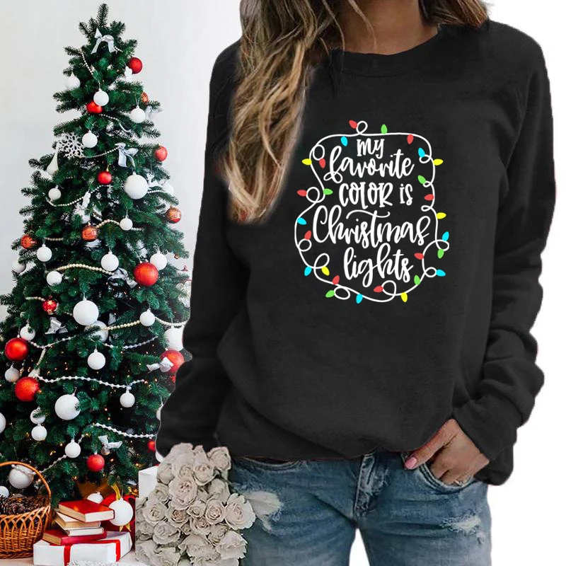 Funny My Favourite Color Is Christmas Lights Print Sweatshirt For Women Crew Neck Long Sleeves Pullover Christmas Sweatshirts