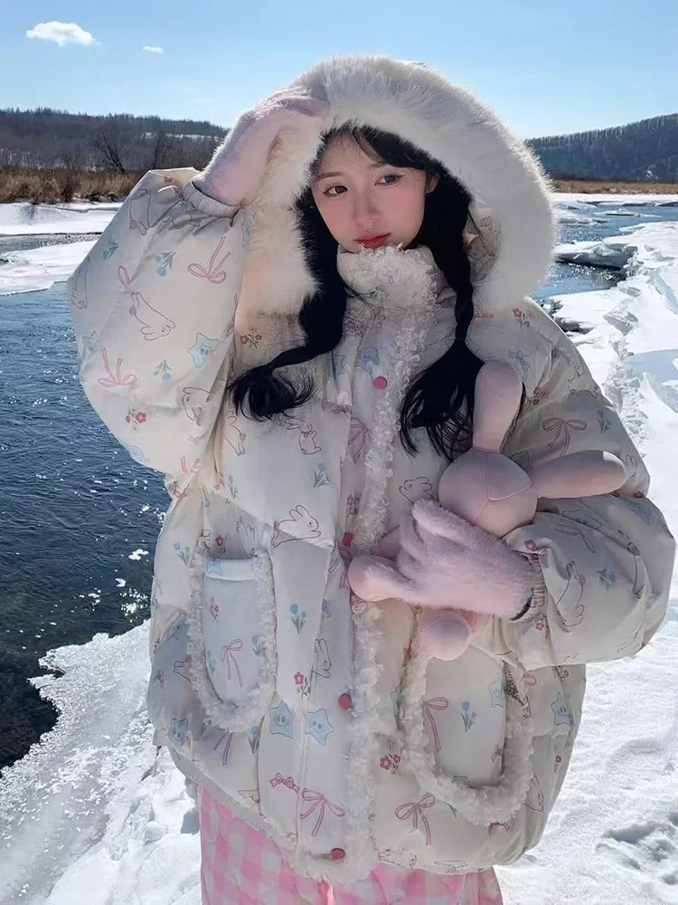Japan Cartoon Kawaii Hooded Parkas Women Loose Sweet Preppy Style Chic Puffy Coat Winter Warm Female Long Sleeve Cute Jacket New