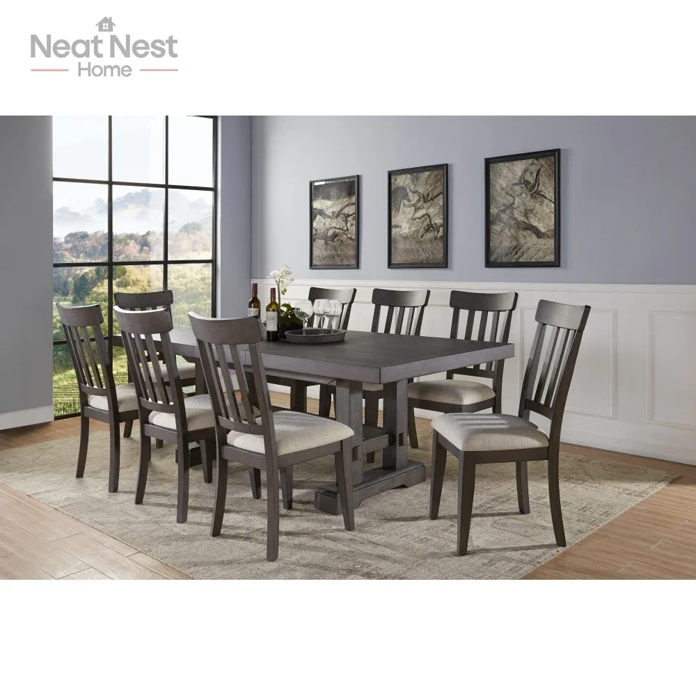 

Dark Brown Solid Dining Table 8-Seat, Expandable w/Schoolhouse Design & Upholstered Seats for Banquet Hall, Dining Room