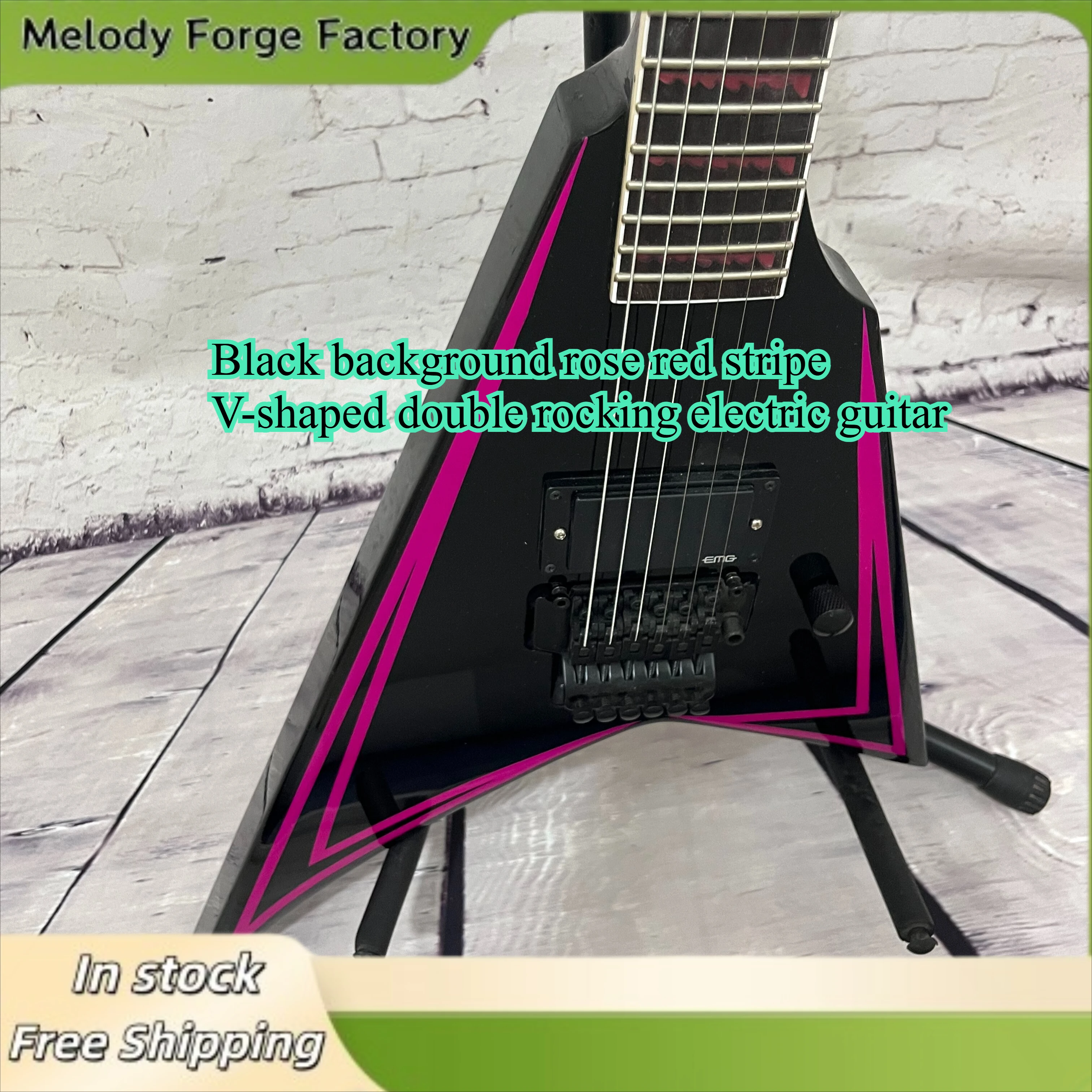 Electric Guitar Black Background Rose Red Stripe V-shaped Double Rocking Solid Wood Piano Body 22 Items Best Sellers