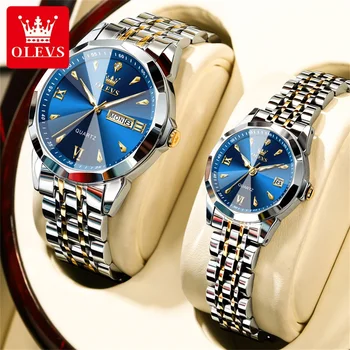 OLEVS Üst Marka Lüks çift saatleri Erkekler Kadınlar için Paslanmaz Çelik Su Geçirmez Tarih Orijinal Kuvars Kol Saati severlerin Saatleri