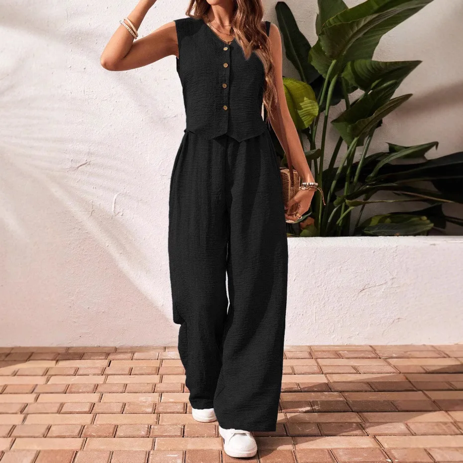 

New Summer Cotton Linen Women V-Neck Vest Front Button Vest Trousers Casual Suit 2025 Women Short Vest Top + Pants Two Peice Set