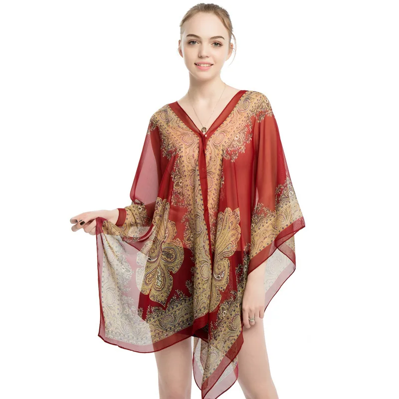 

Beach cover-ups swimwear smock bikinis sun protection clothing printed pearl buttons shawls outdoor chiffon tops travel vacation