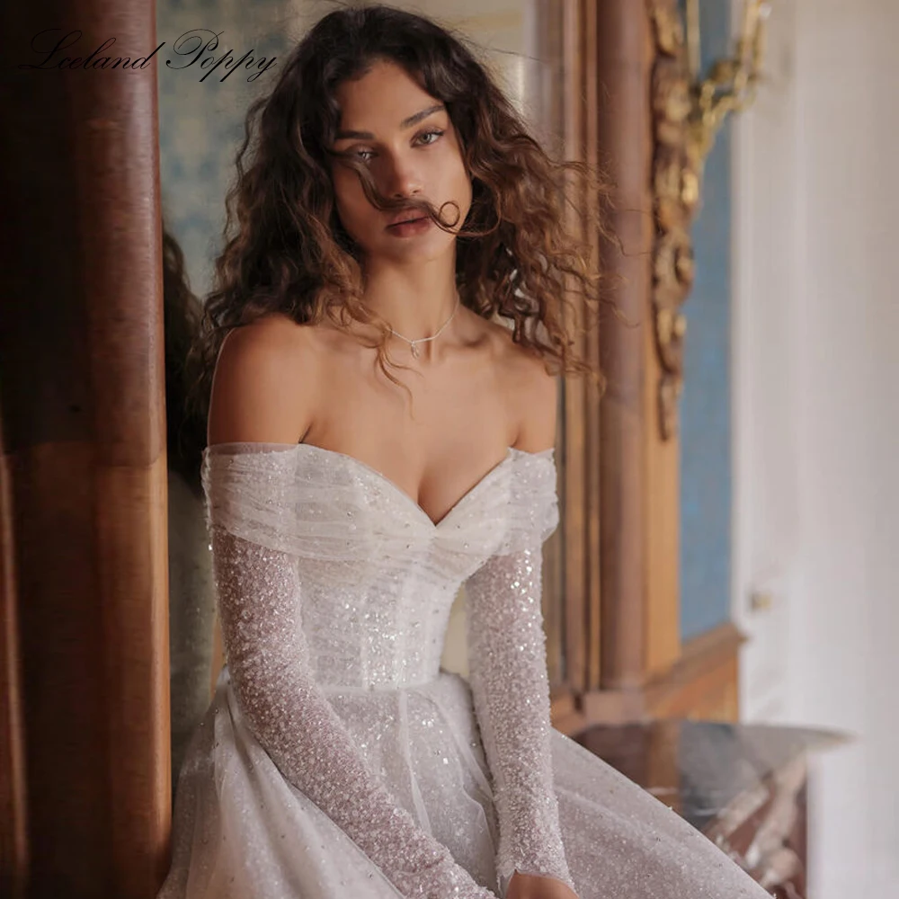 Lceland Poppy Customized A Line Boat Neck Lace Wedding Dresses Beaded Full Sleeves Bridal Gowns with Court Train