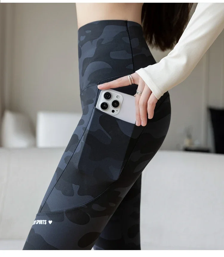 Frauen Camo Shark Hosen Hohe Taille Tasche Leggings Große Größe Dehnbare Casual Hosen Mode Dünne Yoga Fitness Hosen – Detail 10