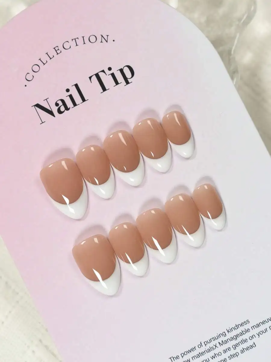 

YINZIJIA 10pcs Handmade Nail Art Stickers, Wearable Nail Stickers, Pink French Short Almond Shaped Nail Stickers, Quick Nail Sti