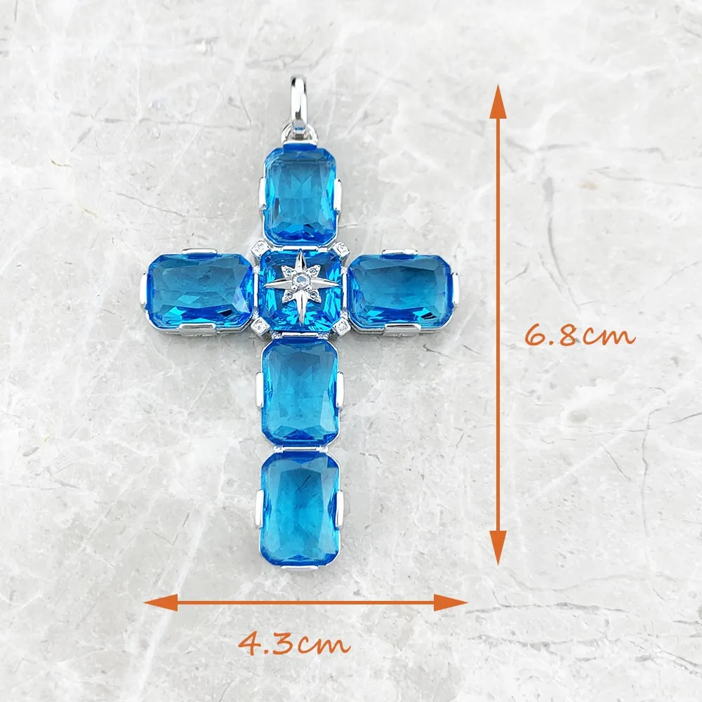 Pendant Cross With Large Aquamarine-Coloured Stones And Star Brand New Fine Jewelry Europe 925 Sterling Silver Gift For Woman