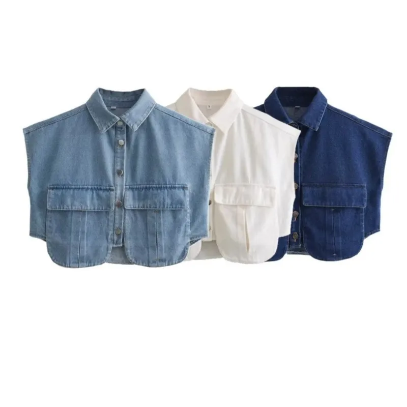 

Женская рубашка, Новинка лета 2024, женская одежда, однотонный высококлассный кардиган без рукавов с большими карманами, рубашка, джинсовый топ