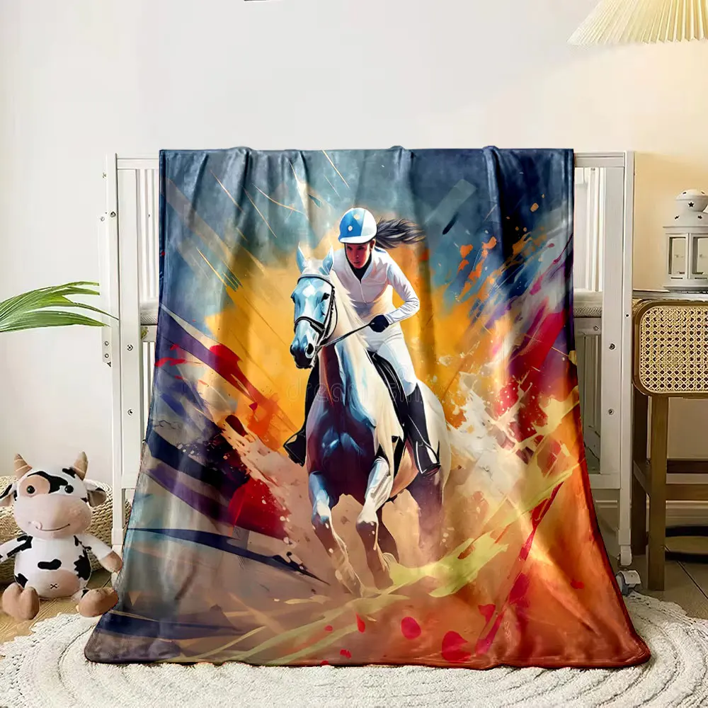 1PC Watercolor Cyber Style Horse Racing Printing Adult Children Warm Blankets Home Travel Car Soft and Comfortable Multi-Size
