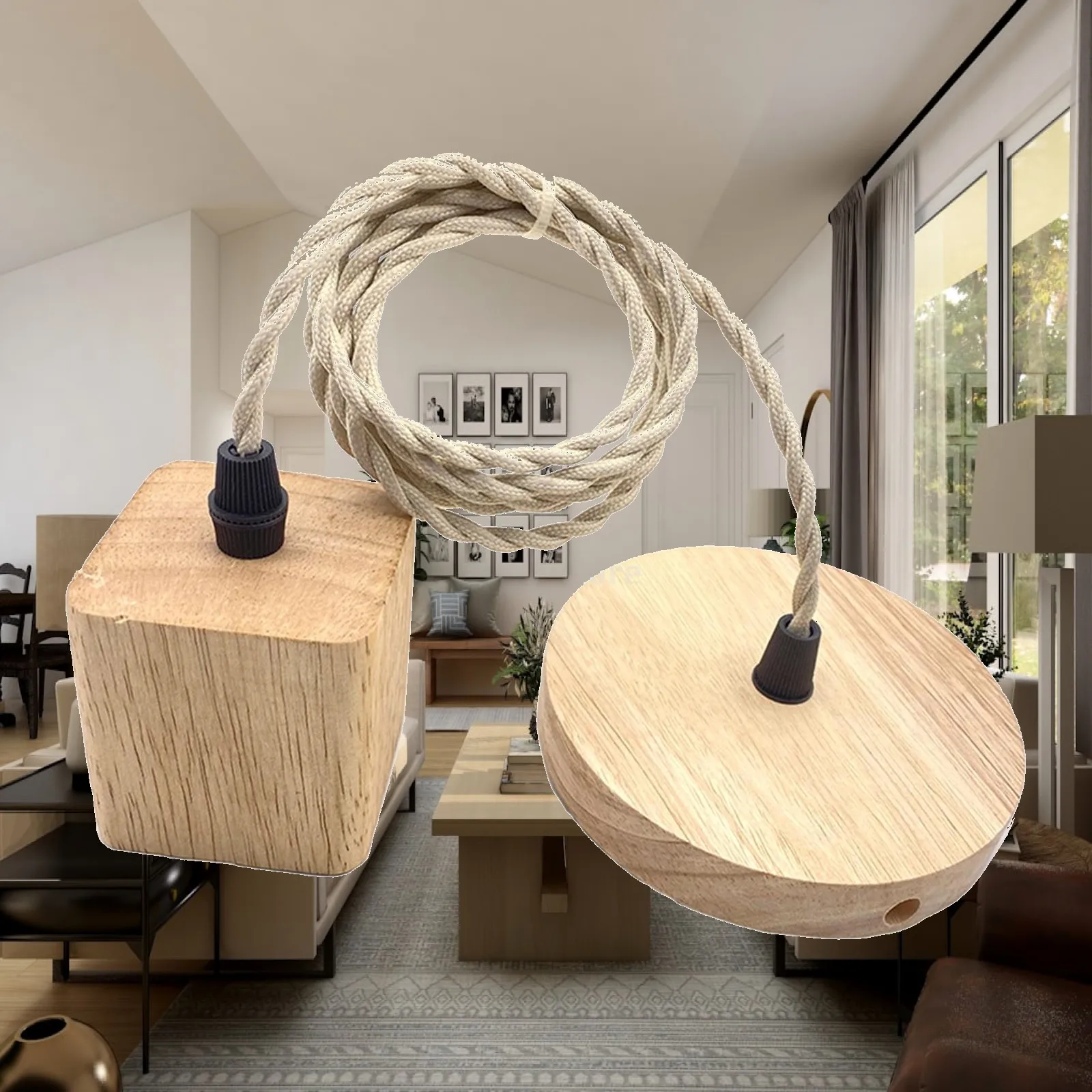 E27 Pendant Light Cord Kit Wooden Socket Rustic Ceiling Pendant Lamp Holder Modern Design for Dining Room