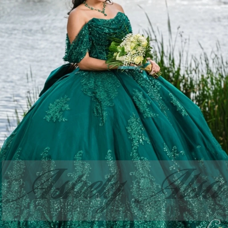 A36331 robe de fête d'anniversaire pour femmes, vert mexicain, épaules dénudées, avec nœud, robe de bal, occasion douce 15 16 filles, Quinceanera, personnalisée