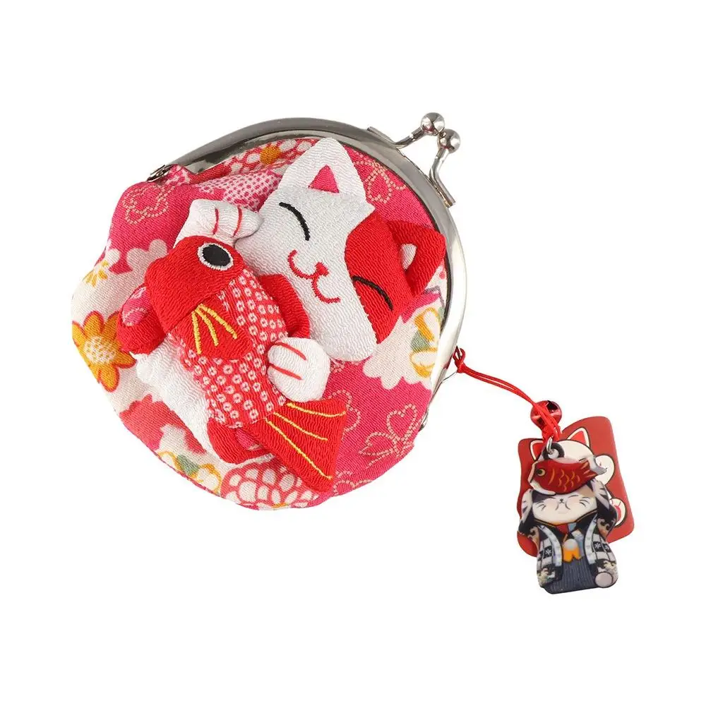Retro Japanese Style Maneki Neko Coin Purse Flower Printing Lucky Cat Clutch Bag PU Storage Bag Card Holder Travel