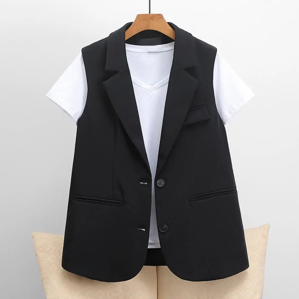 Women Vest Sleeveless Double Buttons Slim Cardigan Suit Coat Deep V Neck Formal Business Style Waistcoat