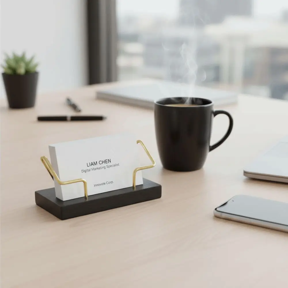 حامل بطاقة عمل خشبي عالي الجودة، صندوق تخزين مكتبي متين ومبتكر #5