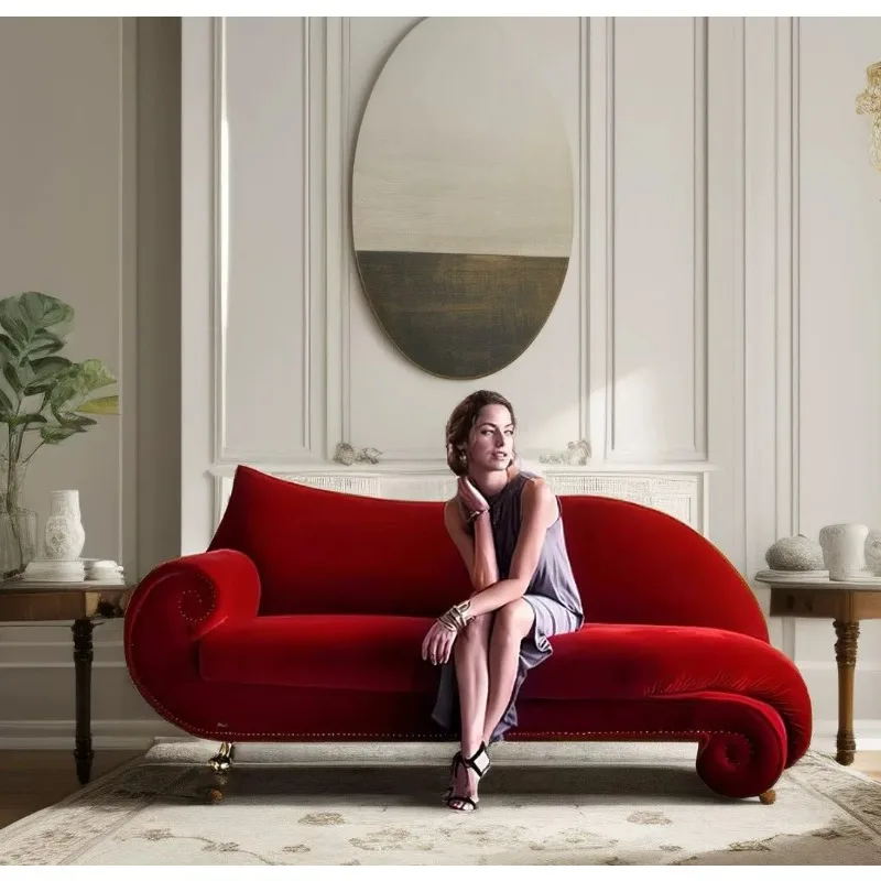 French curved medieval velvet burgundy sofa, retro living room small apartment shopping mall hotel designer three people