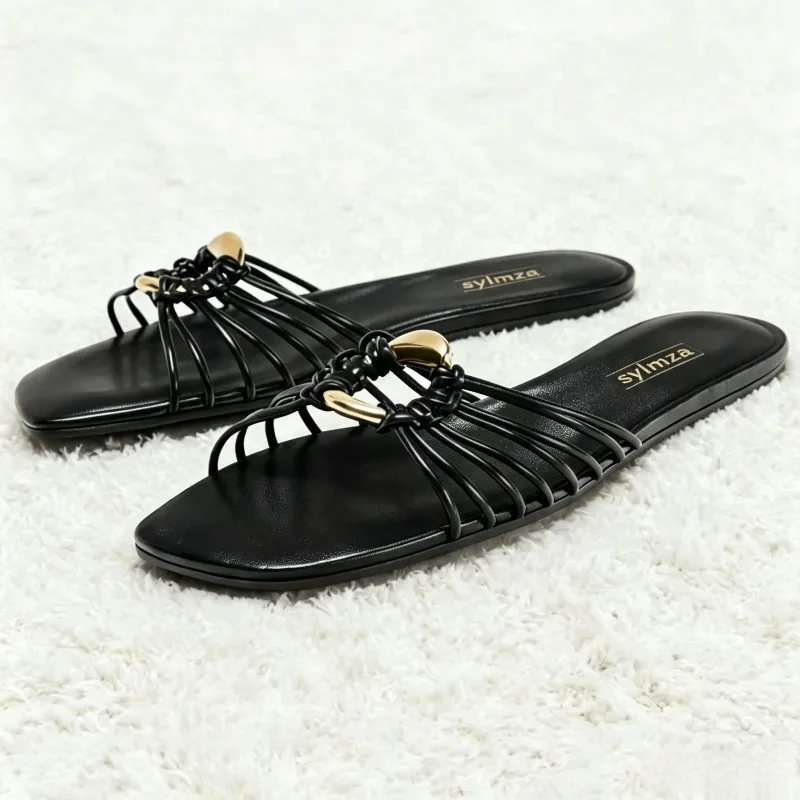 Fashion Hollowed Narrow Band Design Flat Sandals Women Unique Metal-decorated Flats Summer Open-toe Beach Sandals for Vacation