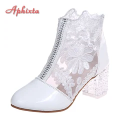 Aphixta Plus Size 43 Summer Breathable Sandals Boots Women Lace Air Mesh Crystals Transparent Square Heels Back Zipper Boots