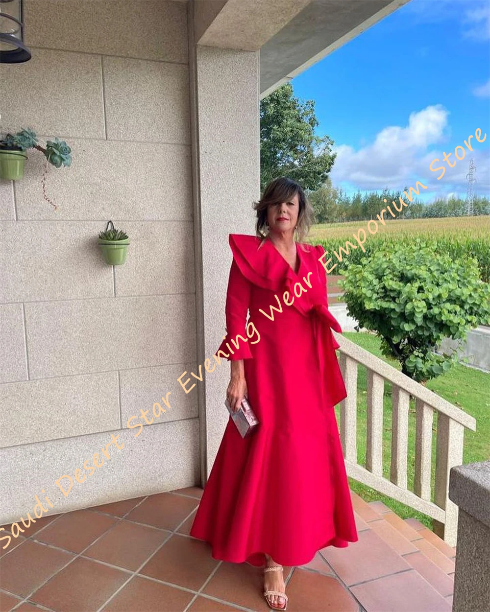 فستان سهرة من الساتان عالي الجودة مخصص برقبة على شكل حرف v فستان حفلات بفيونكة رشيقة كلاسيكي بأكمام طويلة وكشكشة على شكل حرف a Celebr