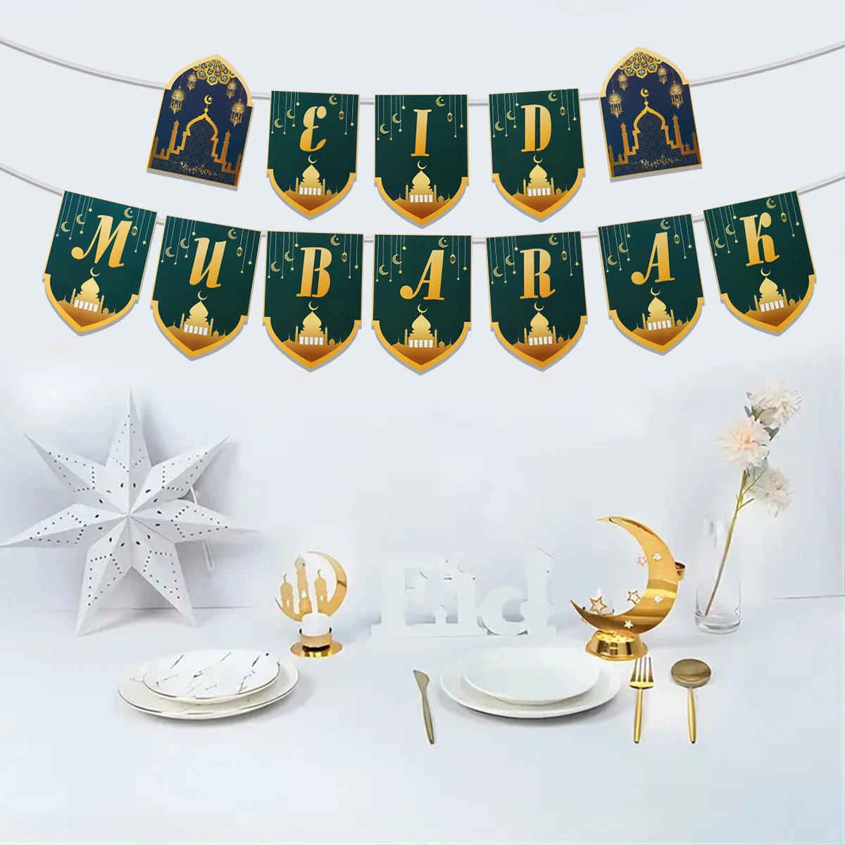 EID Mubarak Papierbanner-Girlande für islamische muslimische Party, Heimdekoration, 2025, Ramadan Kareem, hängende Ornamente, Wimpelkette, Geschenk