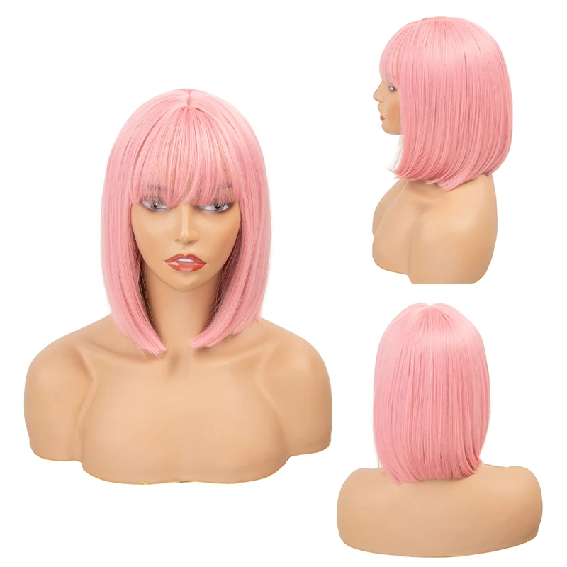 Boymia Pink Short Bob Wigs with Bangs Heat Resistant Synthetic Daily Cosplay Ombre Blonde Hair Wigs for White/Black Women