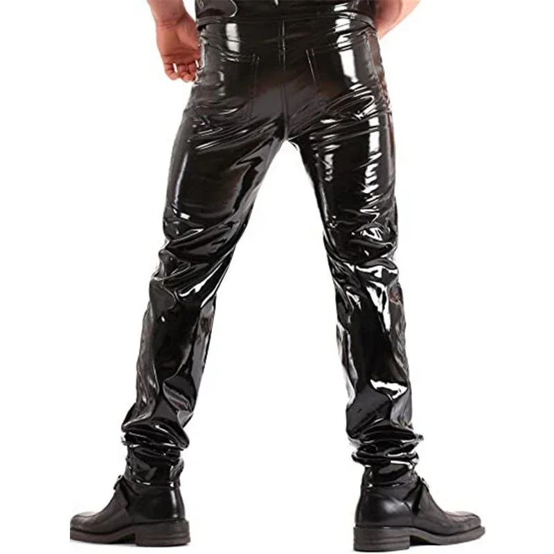 Men\'s Shiny Patent Leather Pants Mid Waist Faux Latex Trousers Wet Look Stretch PU Bodycon Pants Man PVC Clubwear Costume Custom