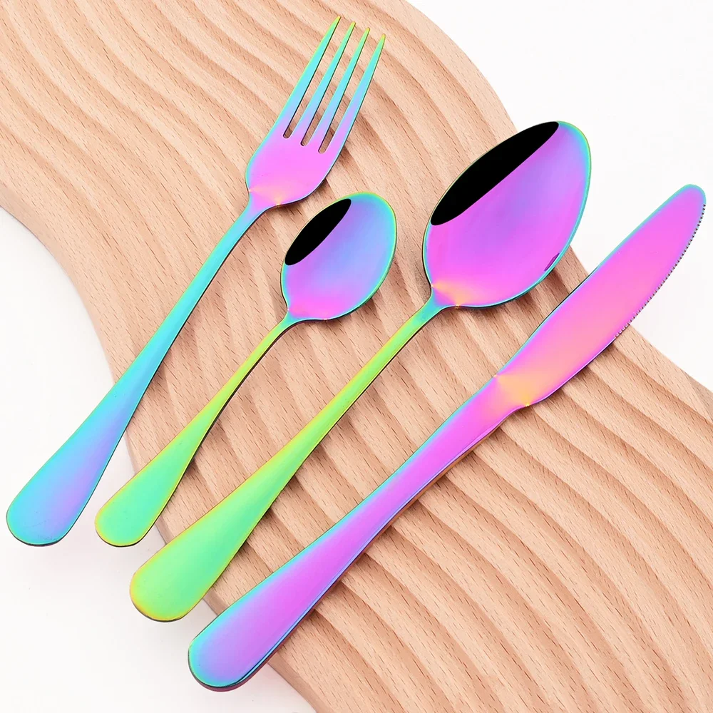 16Pcs/Set Dinnerware Stainless Steel Mirror Rainbow Cutlery Set Kitchen Fork Coffee Spoon Knife Tableware Silverware Set