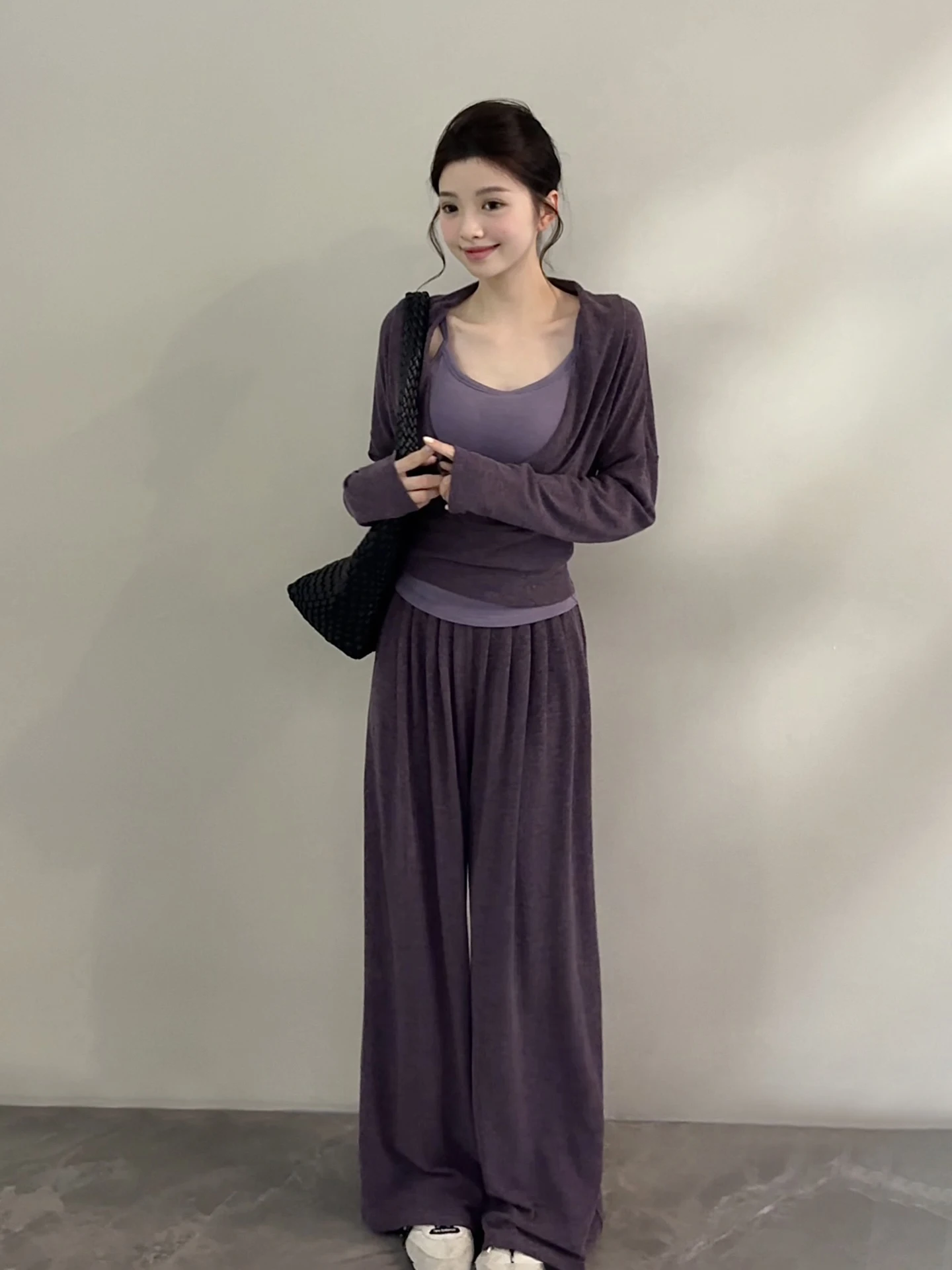Song Song Autumn New Casual Lazy Slim Fit Sweater Strap Wide Leg Pants Fashion Set Three Piece Set DT2626 Women's Polyester B...