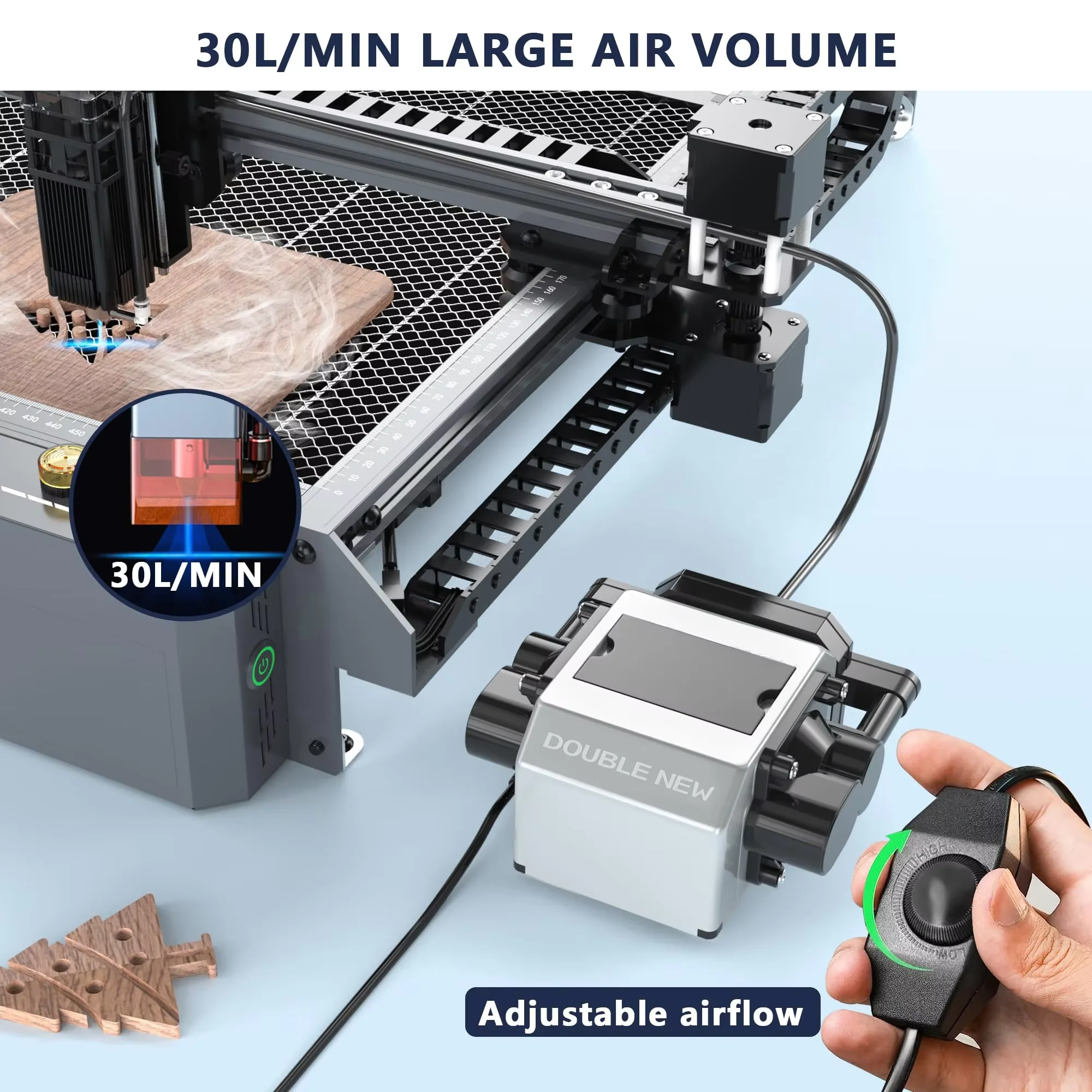 DOPPIA NUOVA Pompa di Aria Per Macchina Per Incidere Laser 10-30L/min Volume D'aria Regolabile Incisore Strumento Accessori Ugello Aria Doppio Motore
