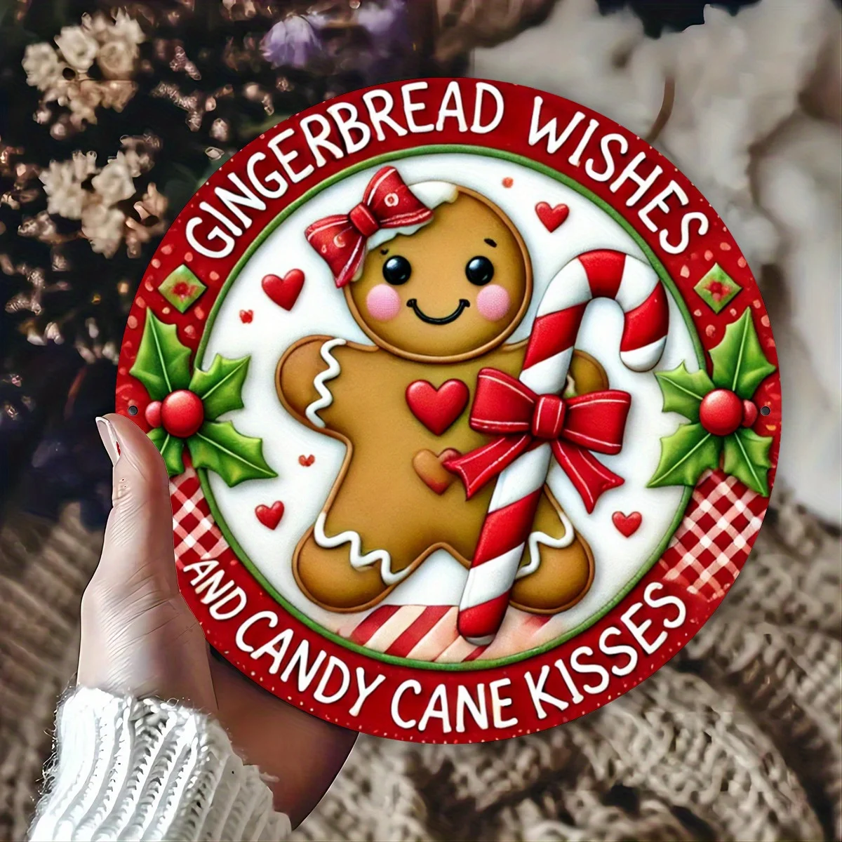 1pcs Wooden Vintage Round Christmas Sign Rustic Gingerbread Wishes and Candy Cane Kisses Wall Art, 2D Flat Print Holiday Supplie