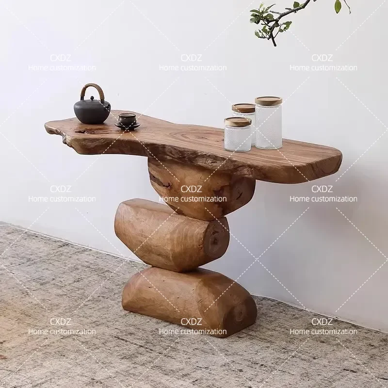 Wabi Sandy Wind Solid Wood Entrance Table Advanced Sense Against Wall End View Art Zen Side Table