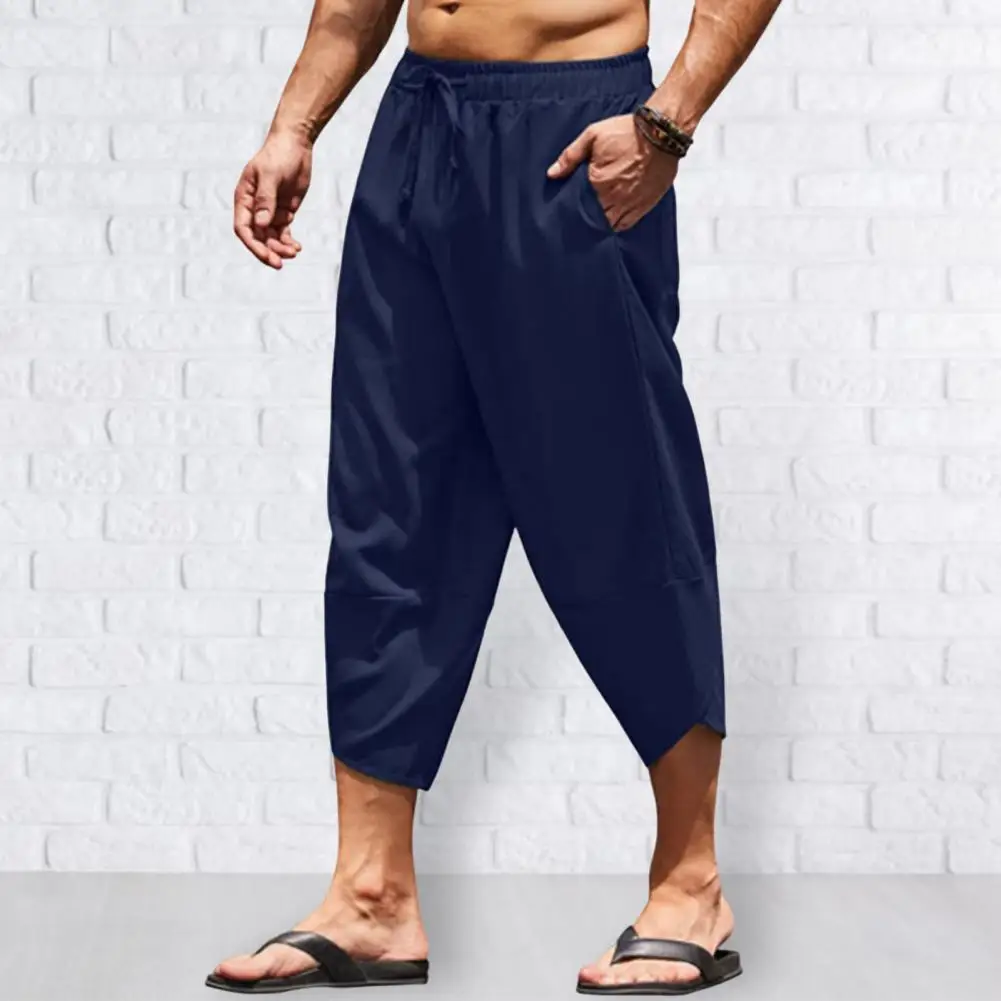 

Men Harem Cropped Pants Daily Garment Mid-rise Elastic Waistband Baggy Pants Drawstring Wide Leg Harem Cropped Trousers