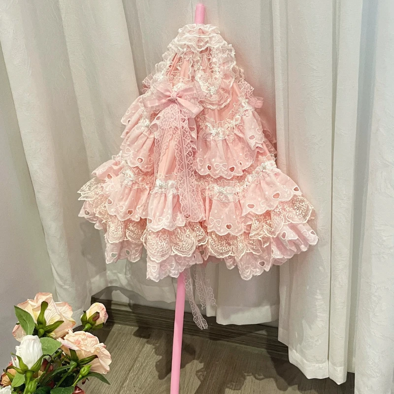 Handmade Pink Bridal Lolita Parasol Floral Party Decor Umbrella Maiden‑Style Parasol Cosplay Bridal Shooting Festival Accessory