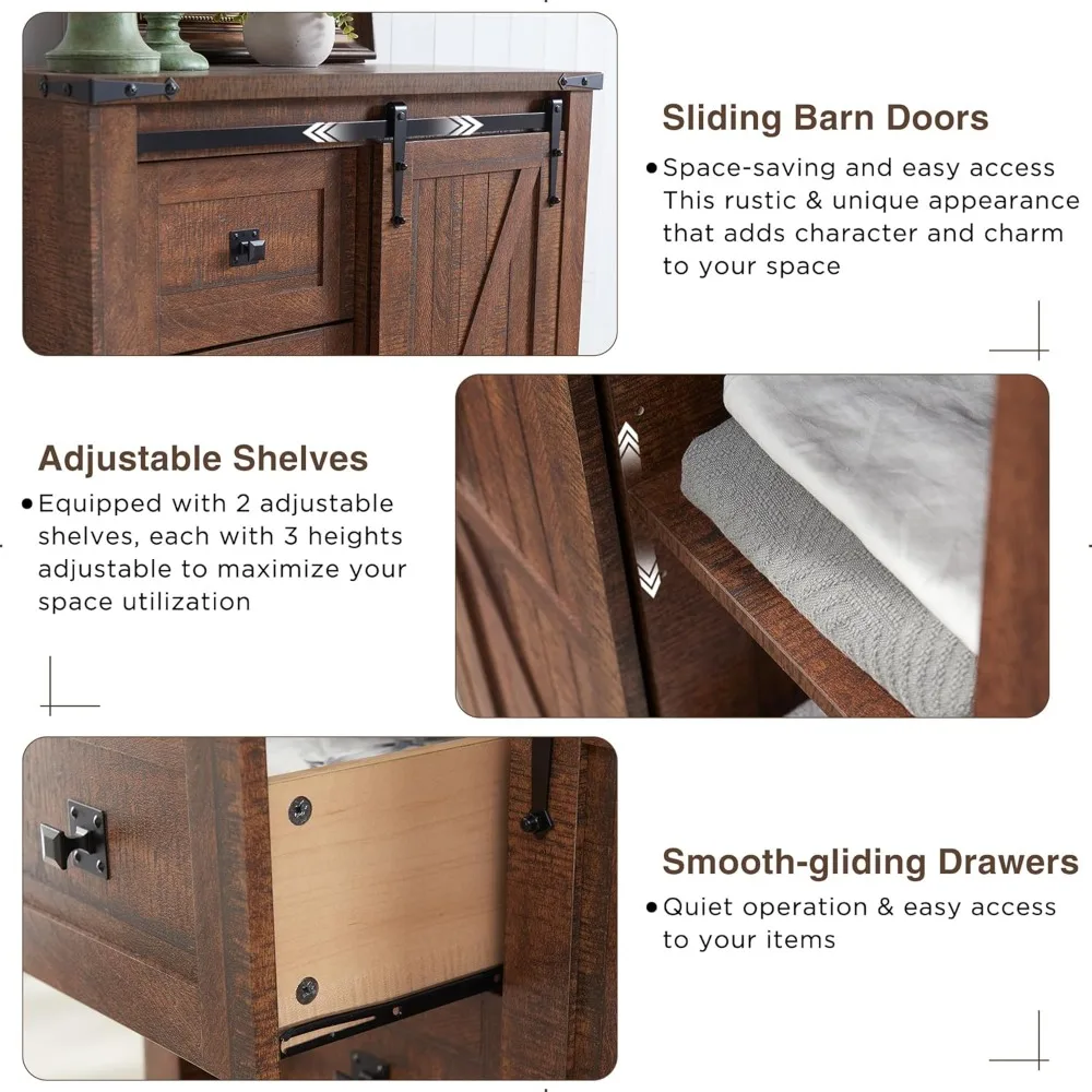 T4tream cômoda de 5 gavetas para quarto com porta deslizante de celeiro, cômoda moderna de fazenda alta 5 cômoda, organizador de armazenamento f