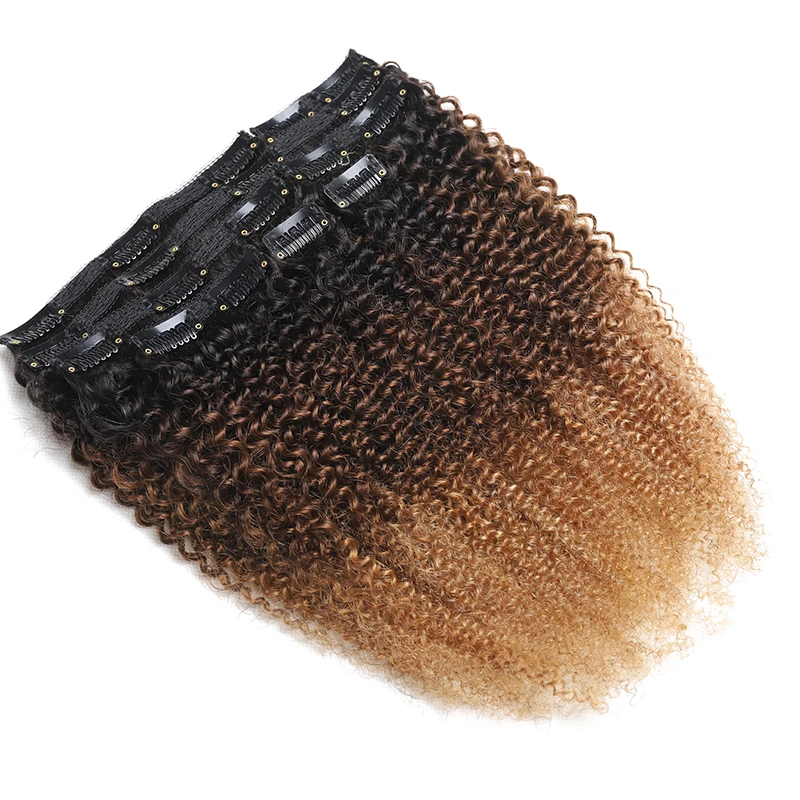 Highlight Afro Curly Clip in Hair Extensions Human Hair Ombre 8pcs One Set Clip-In Hair Extensions Weft Hair Extension Weaves