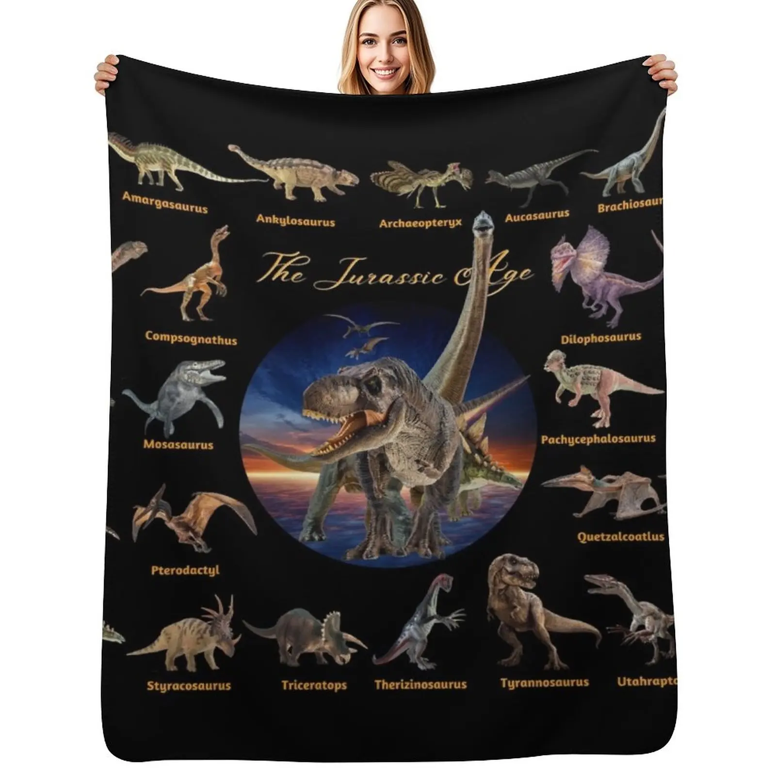 

Dinosaurs: The Jurassic Age (Black Background) Throw Blanket Luxurious Soft Fuzzy Blanket for Sofa Bed