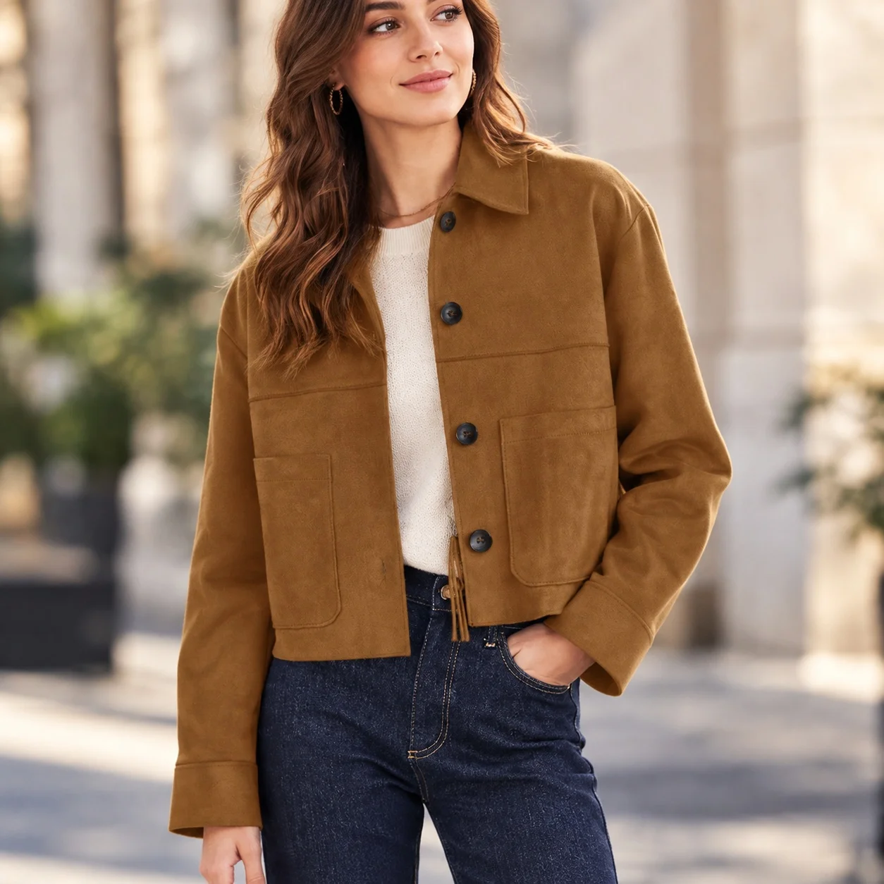 Casual Pocket Coat Regular Fit with Notched Lapel Regular Sleeve Short Length Single Breasted Multi Button Women Autumn Jacket