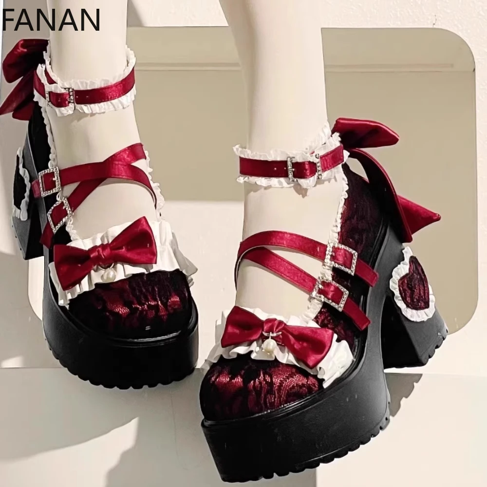 

Милые женские туфли на высоком каблуке в стиле Лолиты, униформа JK на массивном каблуке, кружевные туфли Мэри Джейн с круглым носком, туфли-лодочки на платформе, оригинальные