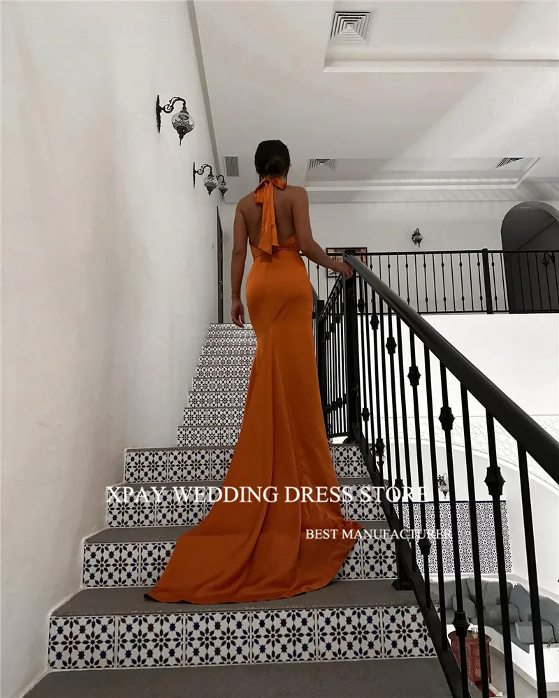 XPAY Simple Burnt Orange Mermaid Evening Dresses Saudi Arabic Women Halter Backless Long Silk Prom Gowns Formal Party Sexy