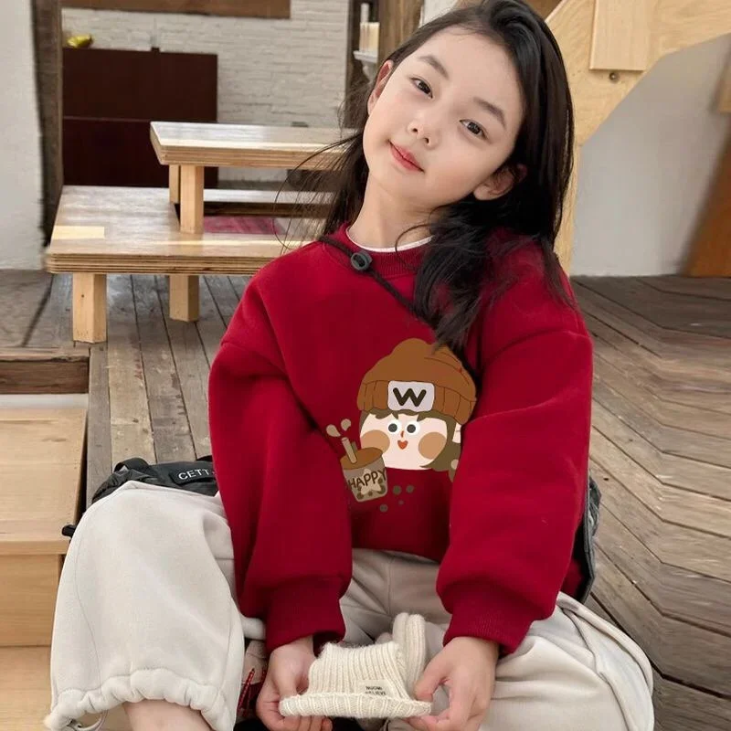 

Red fleece sweater velvet girls' new autumn student class uniform children's round neck fleece pullover