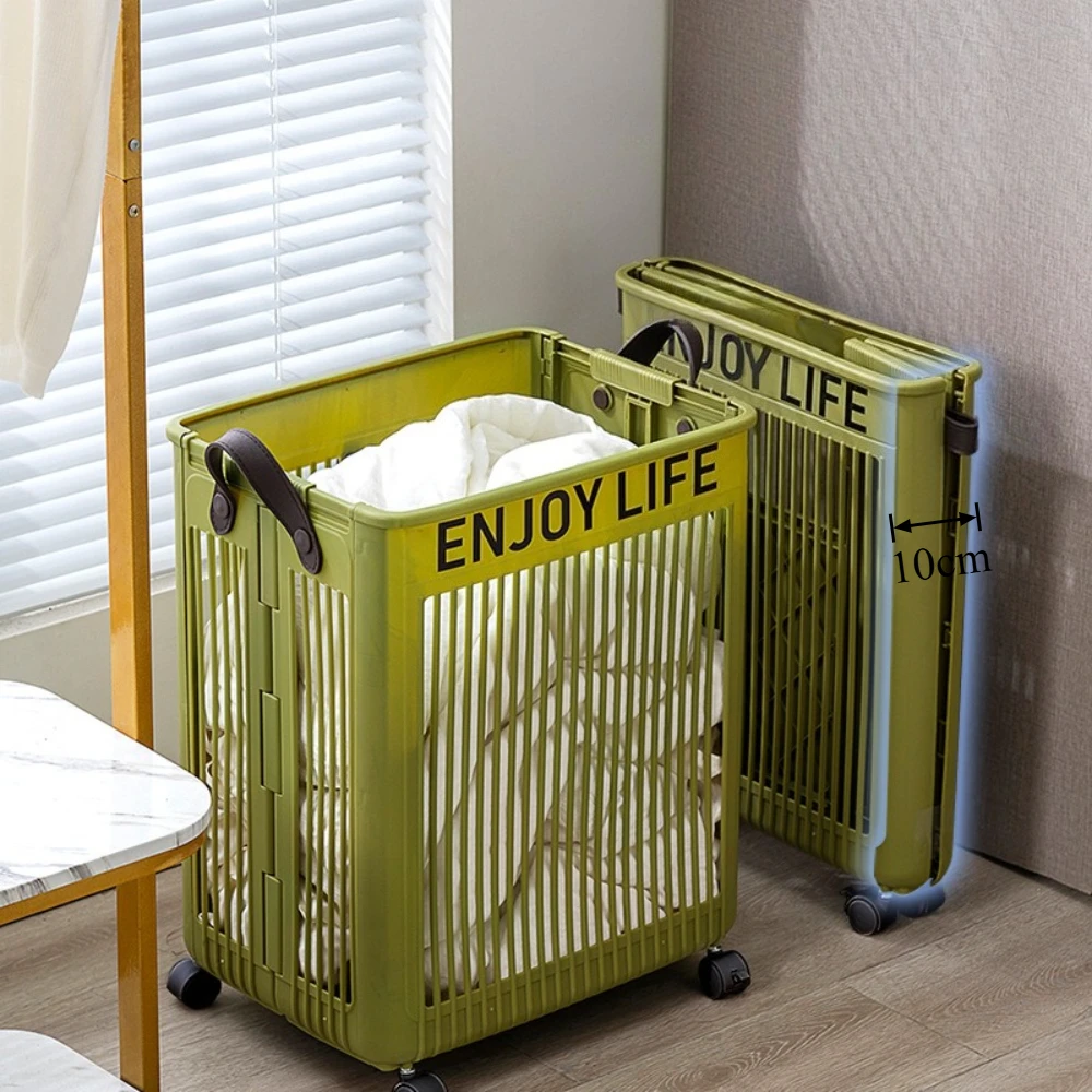 Foldable Laundry Basket with Wheels Large‑Capacity Dirty Clothes Storage Basket Hollow‑Out Plastic Household Organizer