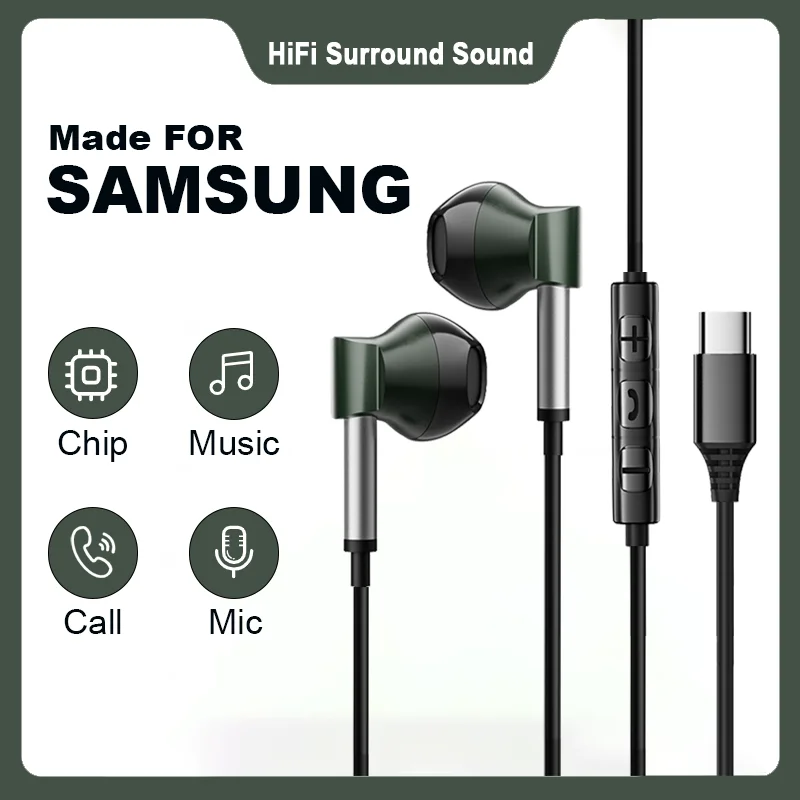 For Samsung HiFi Surround Bass Earphone USB Typc C 3.5mm With Mic Wired Headset For Galaxy S24 23 22 iPhone 16 15 Pro Max Xiaomi