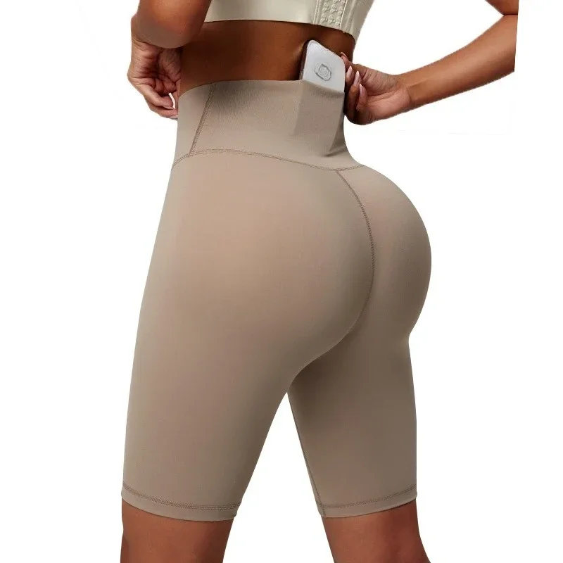 

Solid Color Back Waist Pocket High Waist Yoga Shorts Women Sport Five Points Pants Butter Athletic Gym Comprehensive Training
