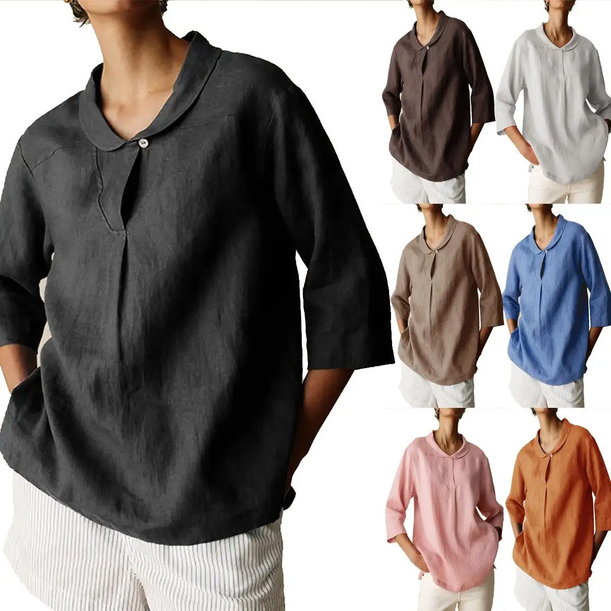 Top da donna casual in misto cotone e lino Seven Quarter Sve con colletto irt T-shirt ampia vestibilità Design con giunture in puro colore