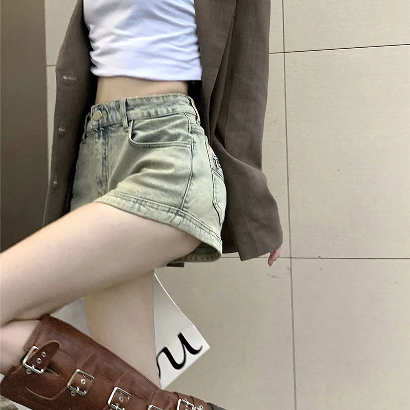 American Spice Girls Denim Shorts Women Design Pockets High Waist Stretch Slim Zipper Straight a-line Super Short Hot Pants