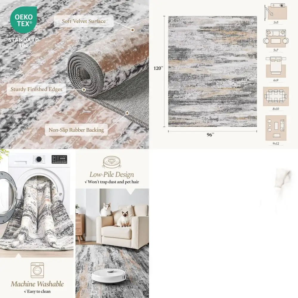 

Large 8x10 Area Rug - Abstract Design, Washable, Soft Low Pile, Non-Slip, Stain Resistant, Neutral Beige Grey for Living Room, B